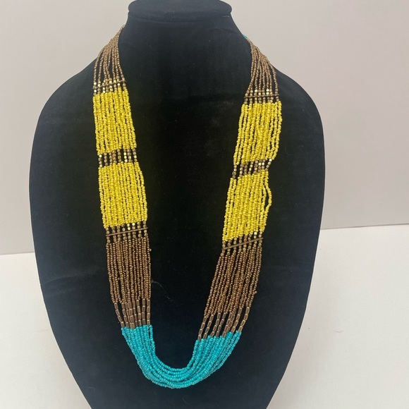 Gold, Yellow, Brown and Teal Multi Strand Necklace /
Long Beaded Necklace - Picture 1 of 3